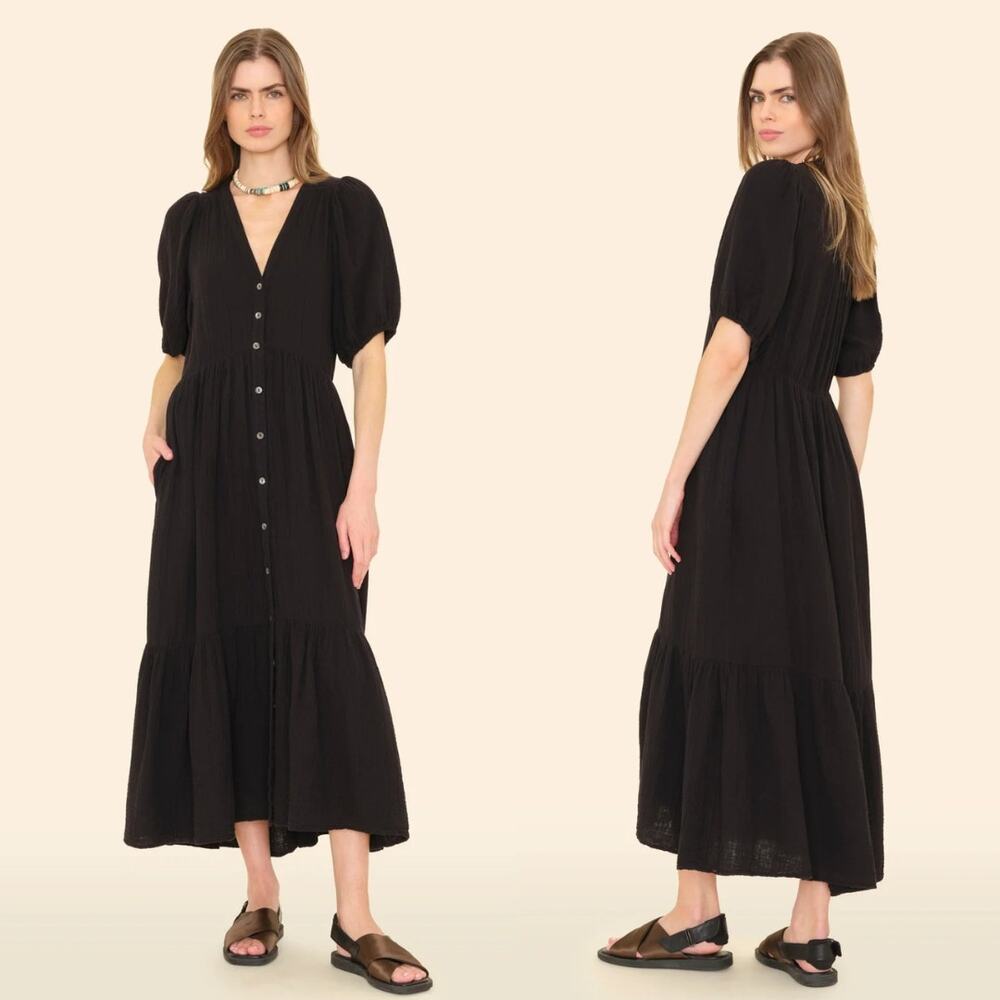 Xirena Dress Lennox Black Gauze Button Front Short Sleeve Tiered Midi Dress Sz M
